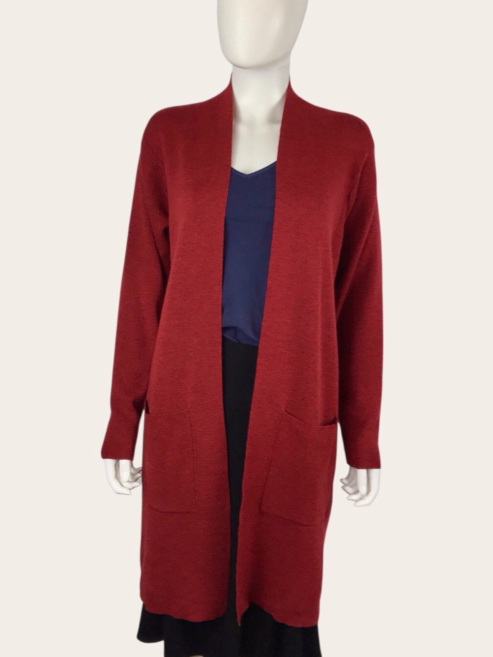 Eileen Fisher Burgundy Wool Cardigan Open-Front Longline Minimalist Sweater